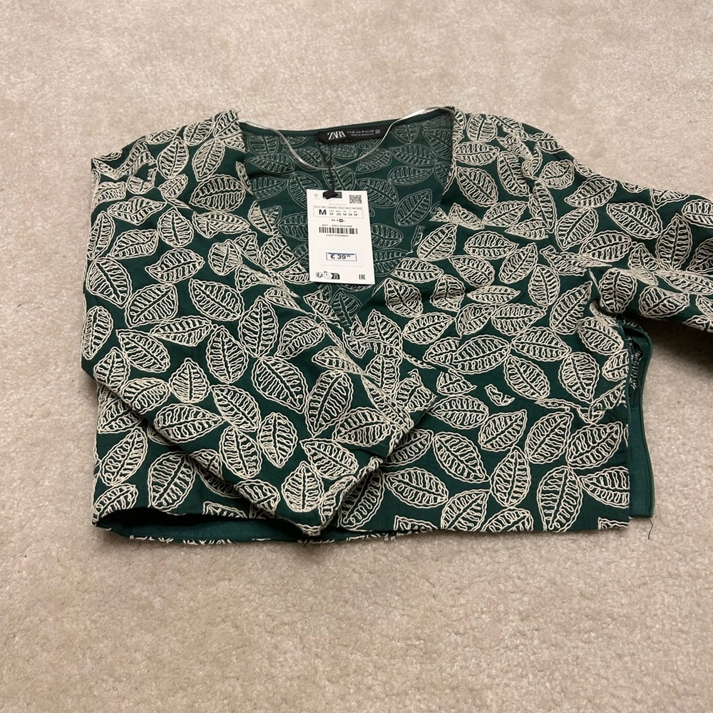 Zara Teal Leaf Pattern Blouse